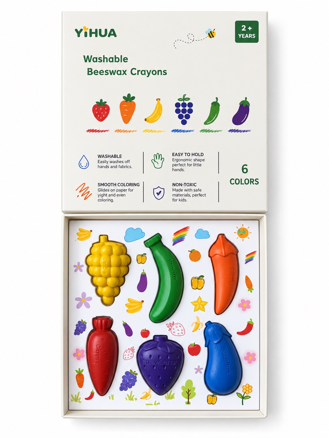 Open box of six fruit and vegetable shaped crayons