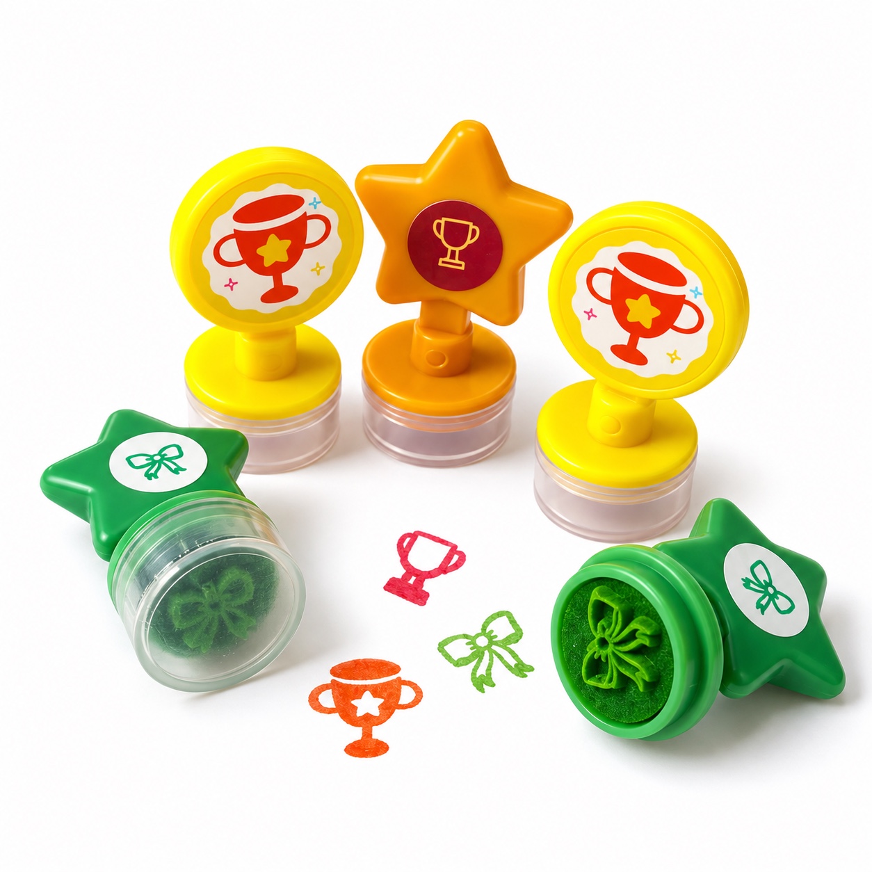 Star and round handle stamps with printed impressions
